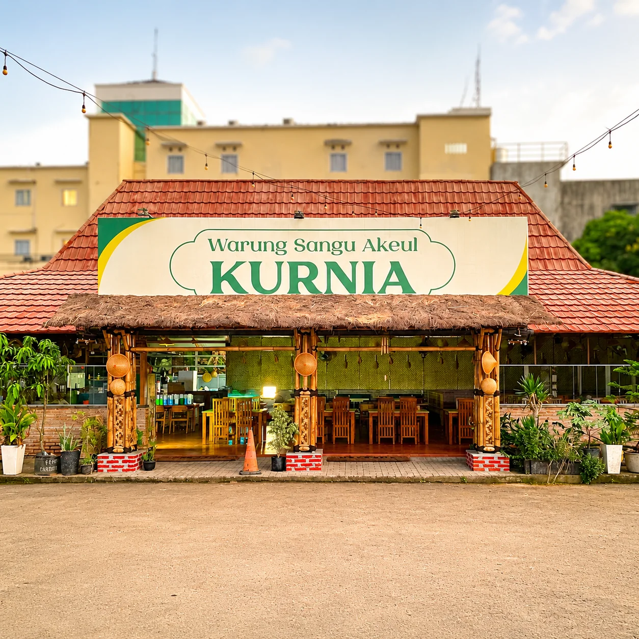 Gazebo bambu dengan kolam